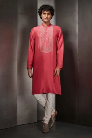 Red Silk Kurta With Hand-Embroidered Yoke