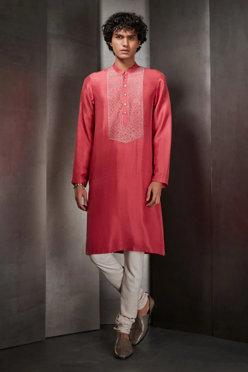 Red Silk Kurta With Hand-Embroidered Yoke