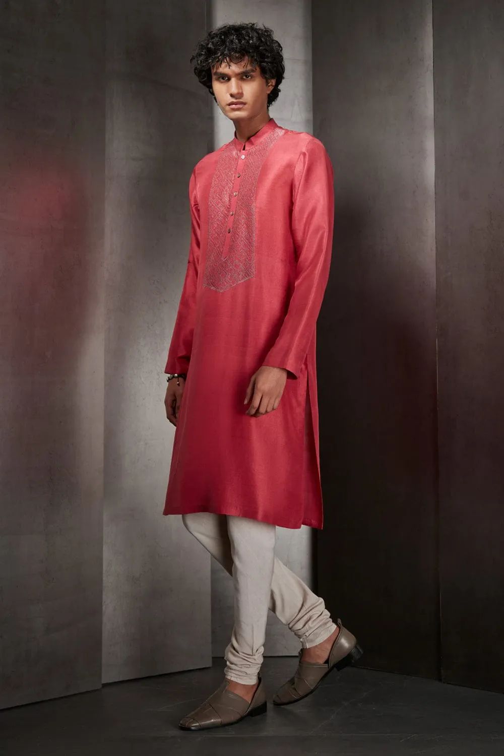Red Silk Kurta With Hand-Embroidered Yoke