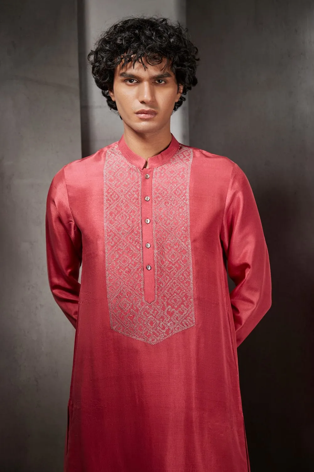 Red Silk Kurta With Hand-Embroidered Yoke