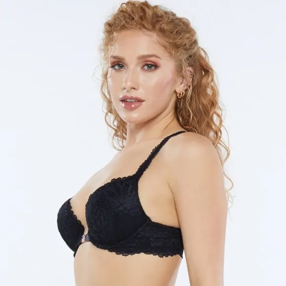 Savage X Fenty Romantic Corded Lace Front-Closure Push-Up Bra Black