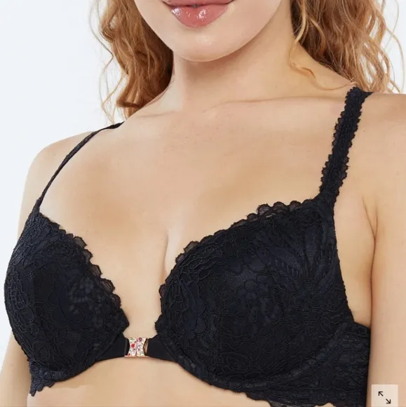 Savage X Fenty Romantic Corded Lace Front-Closure Push-Up Bra Black