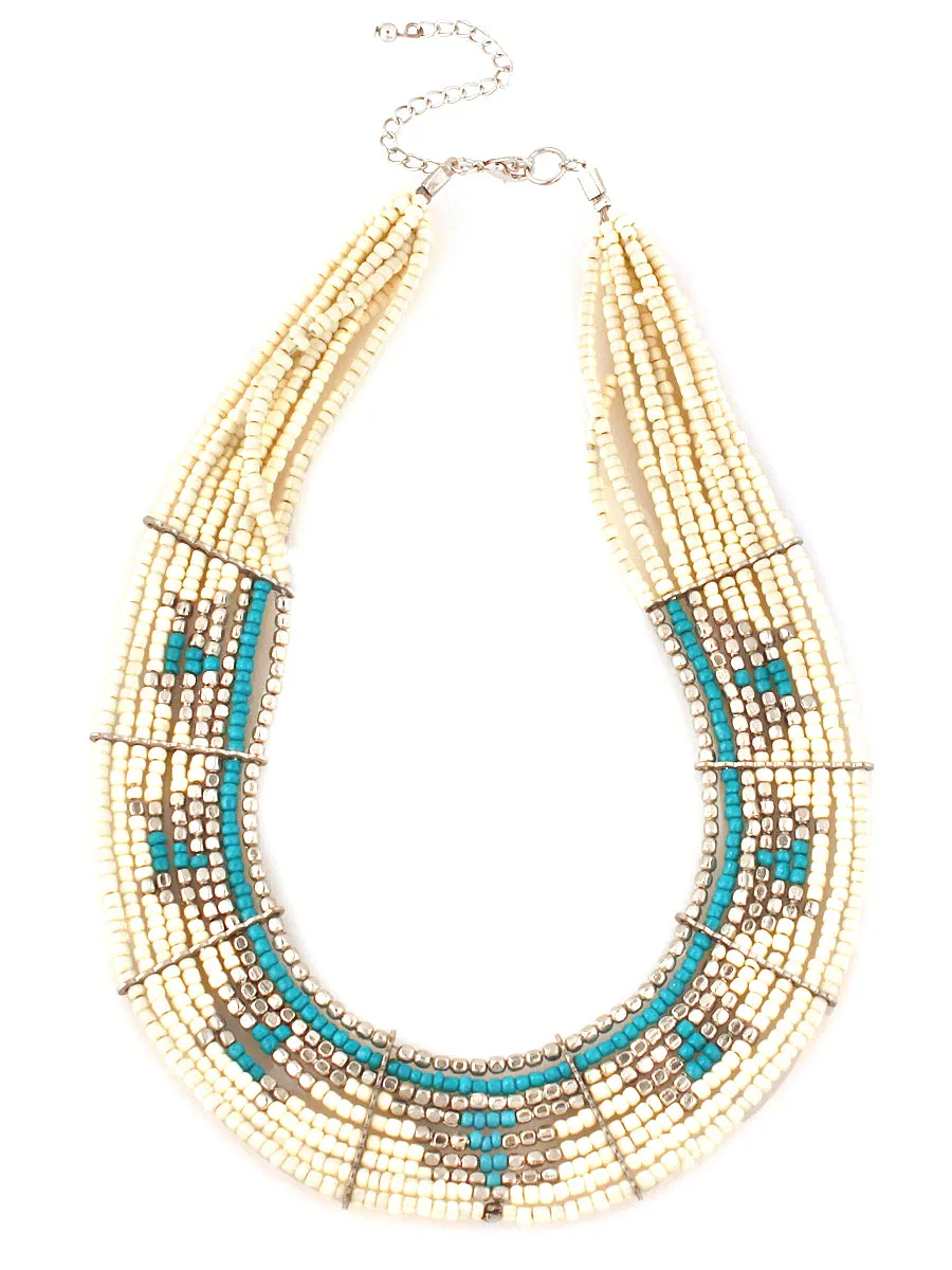 SILVER WHITE AND TURQUOISE BIB NECKLACE  #FW1404552 (IC27/ID27)