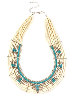 SILVER WHITE AND TURQUOISE BIB NECKLACE  #FW1404552 (IC27/ID27)