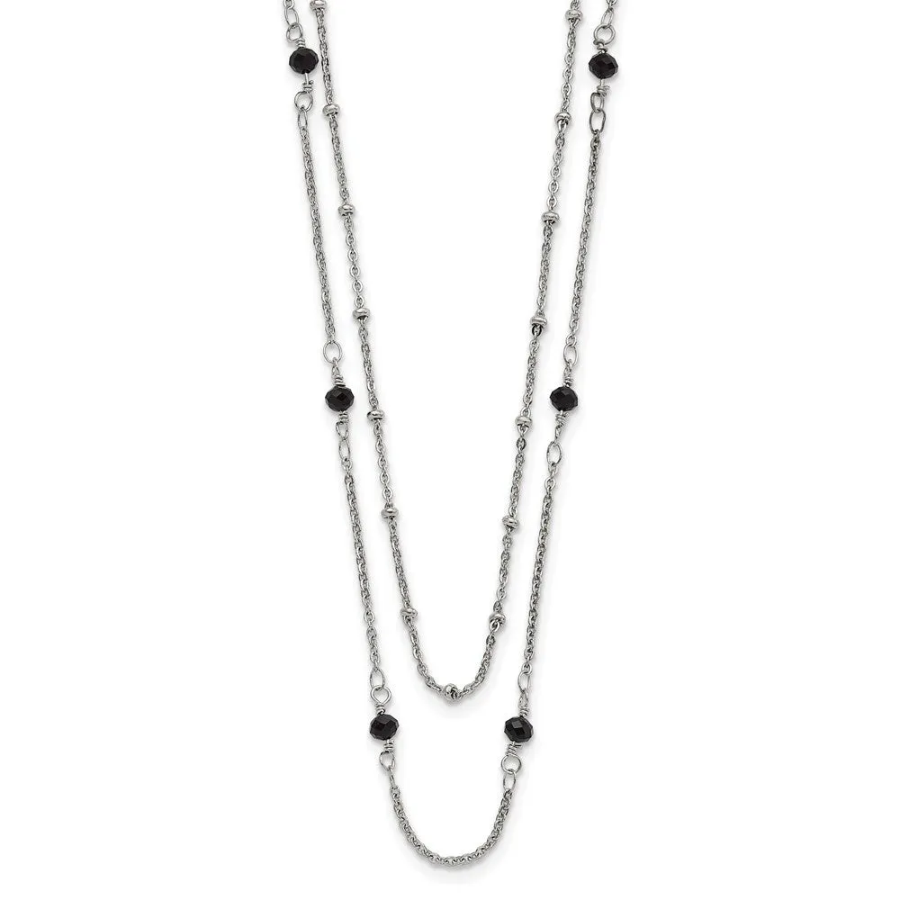 Stainless Steel Polished 2-Strand Black Crystal Beaded w/1in ext. Necklace