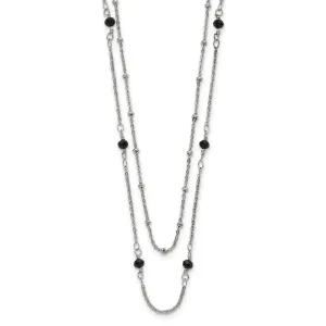Stainless Steel Polished 2-Strand Black Crystal Beaded w/1in ext. Necklace