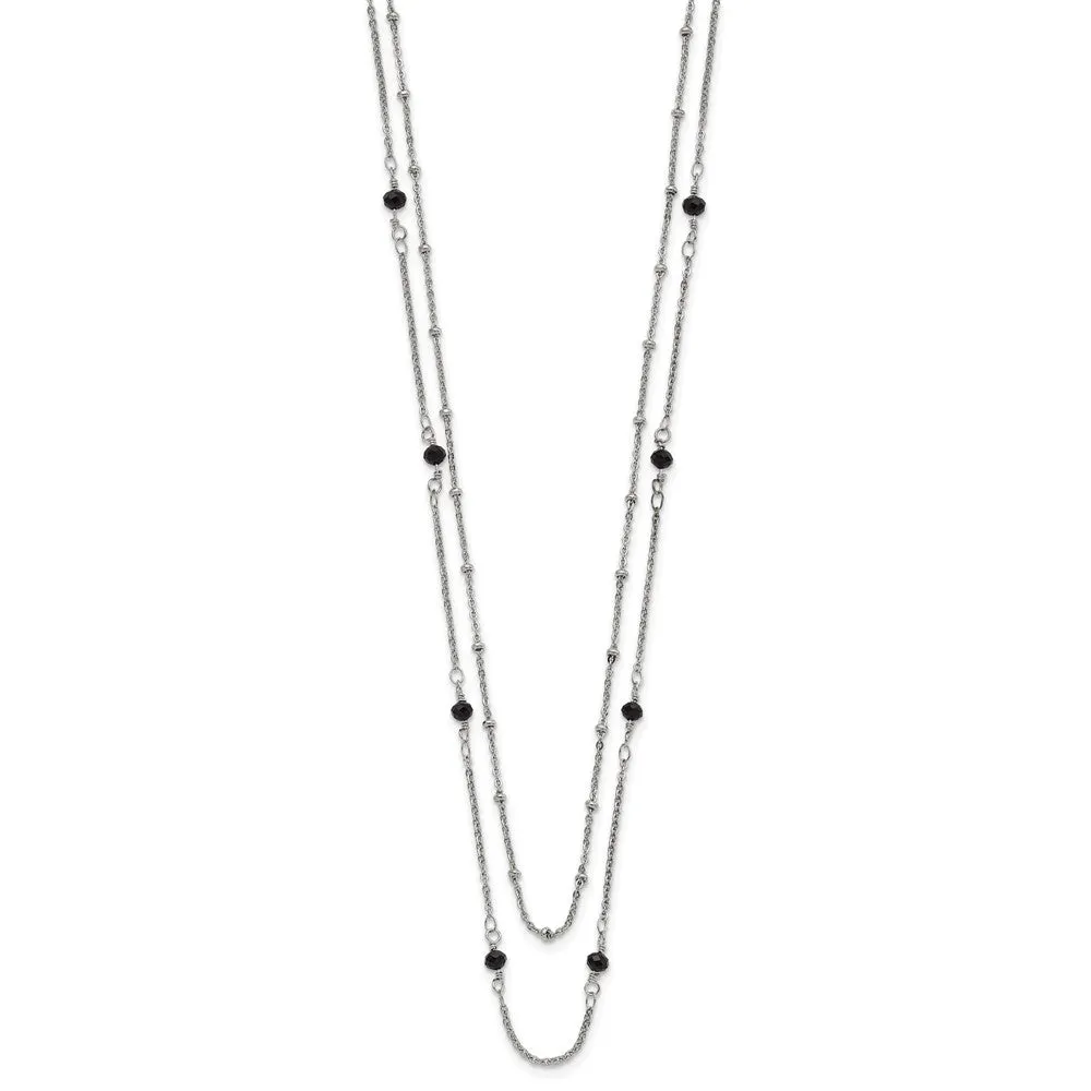 Stainless Steel Polished 2-Strand Black Crystal Beaded w/1in ext. Necklace