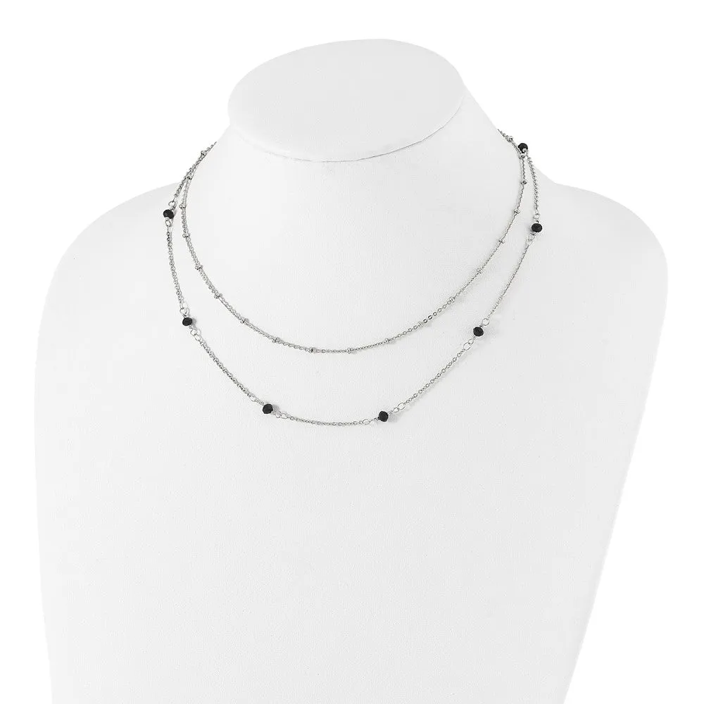 Stainless Steel Polished 2-Strand Black Crystal Beaded w/1in ext. Necklace