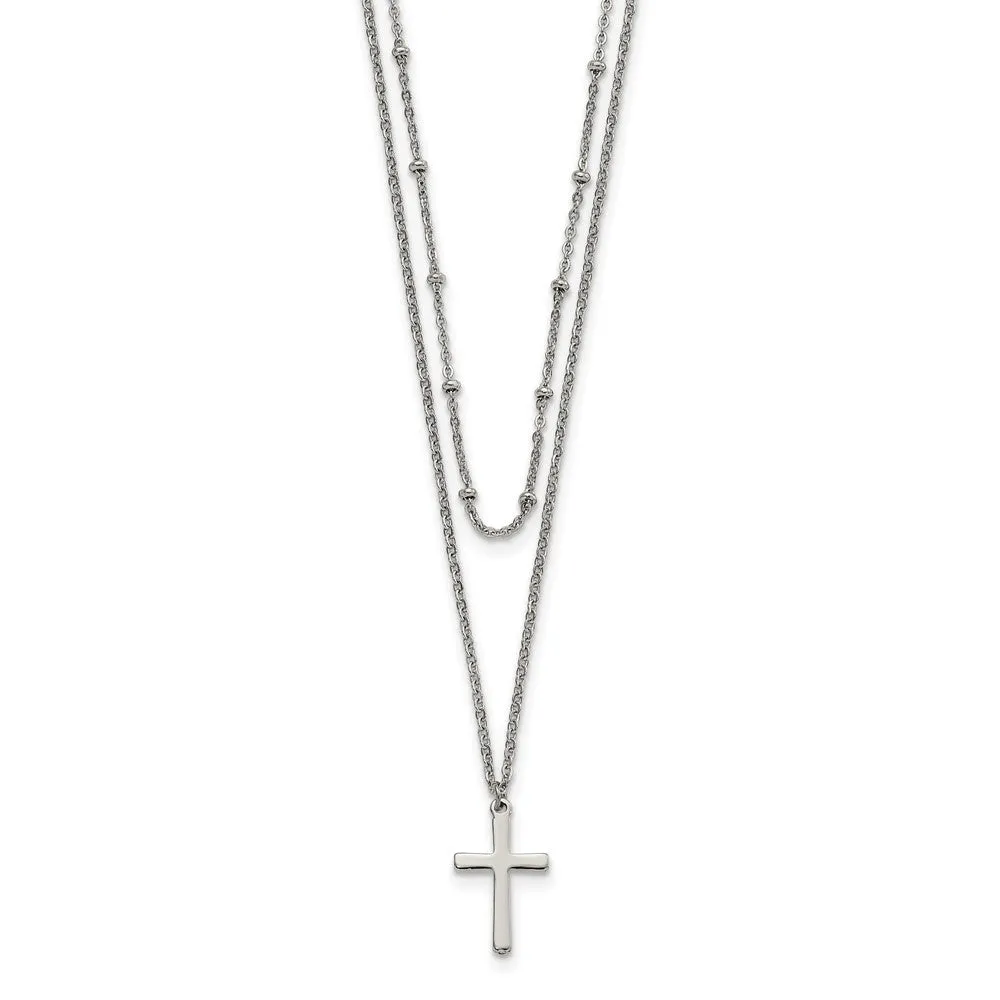 Stainless Steel Polished 2-Strand Cross with 1in ext. 18.25in Necklace