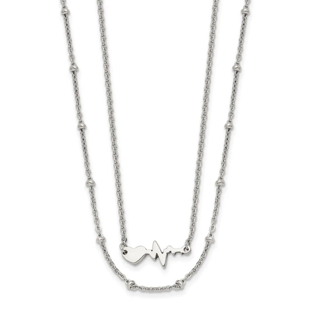 Stainless Steel Polished 2-Strand Heartbeat w/1.75in ext. 17in Necklace