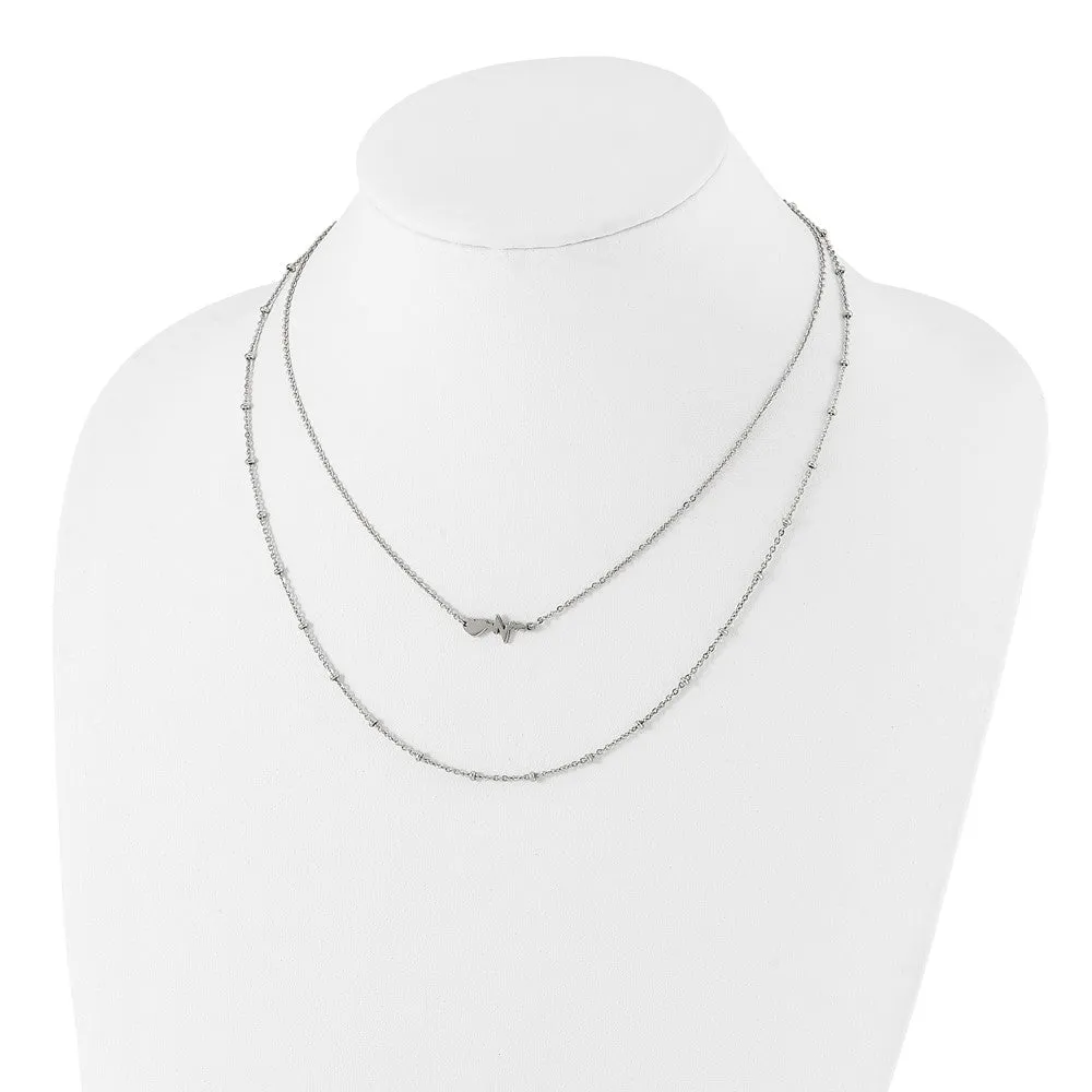 Stainless Steel Polished 2-Strand Heartbeat w/1.75in ext. 17in Necklace