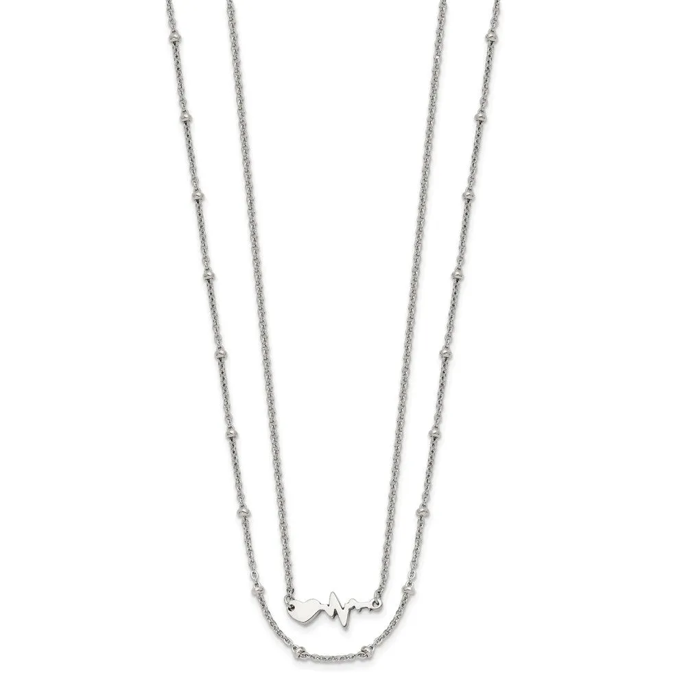 Stainless Steel Polished 2-Strand Heartbeat w/1.75in ext. 17in Necklace