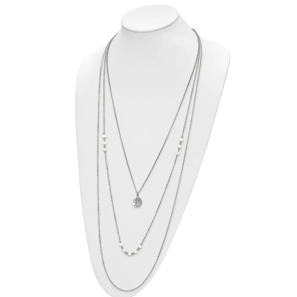 Stainless Steel Polished w/FWC Pearl Tree 31in w/2in ext  Necklace