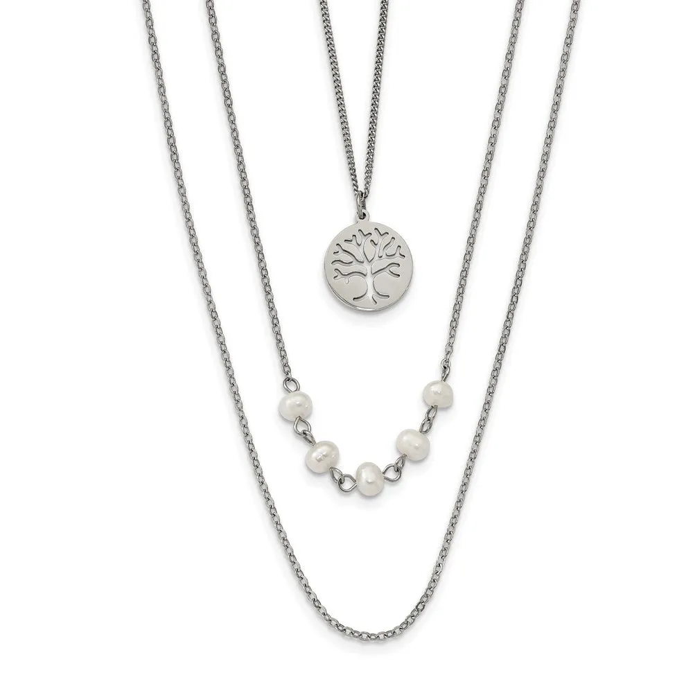 Stainless Steel Polished w/FWC Pearl Tree 31in w/2in ext  Necklace