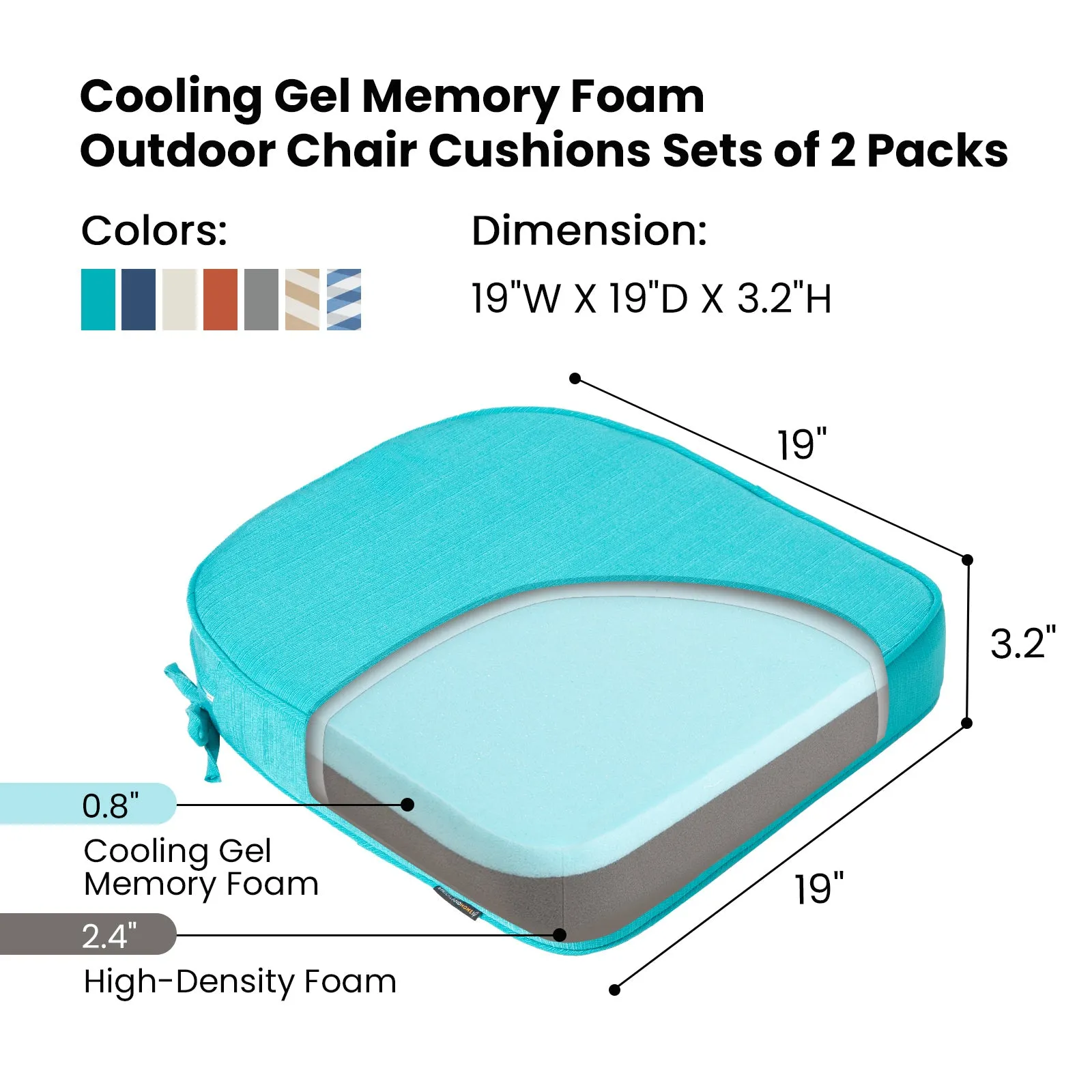 STRICKLAND HOME Outdoor Chair Cushions Set of 2, Gel Memory Foam Patio Chair Cushions with Ties for Indoor/Outdoor Kitchen Dining Office, 19" x 19" Chair Pads