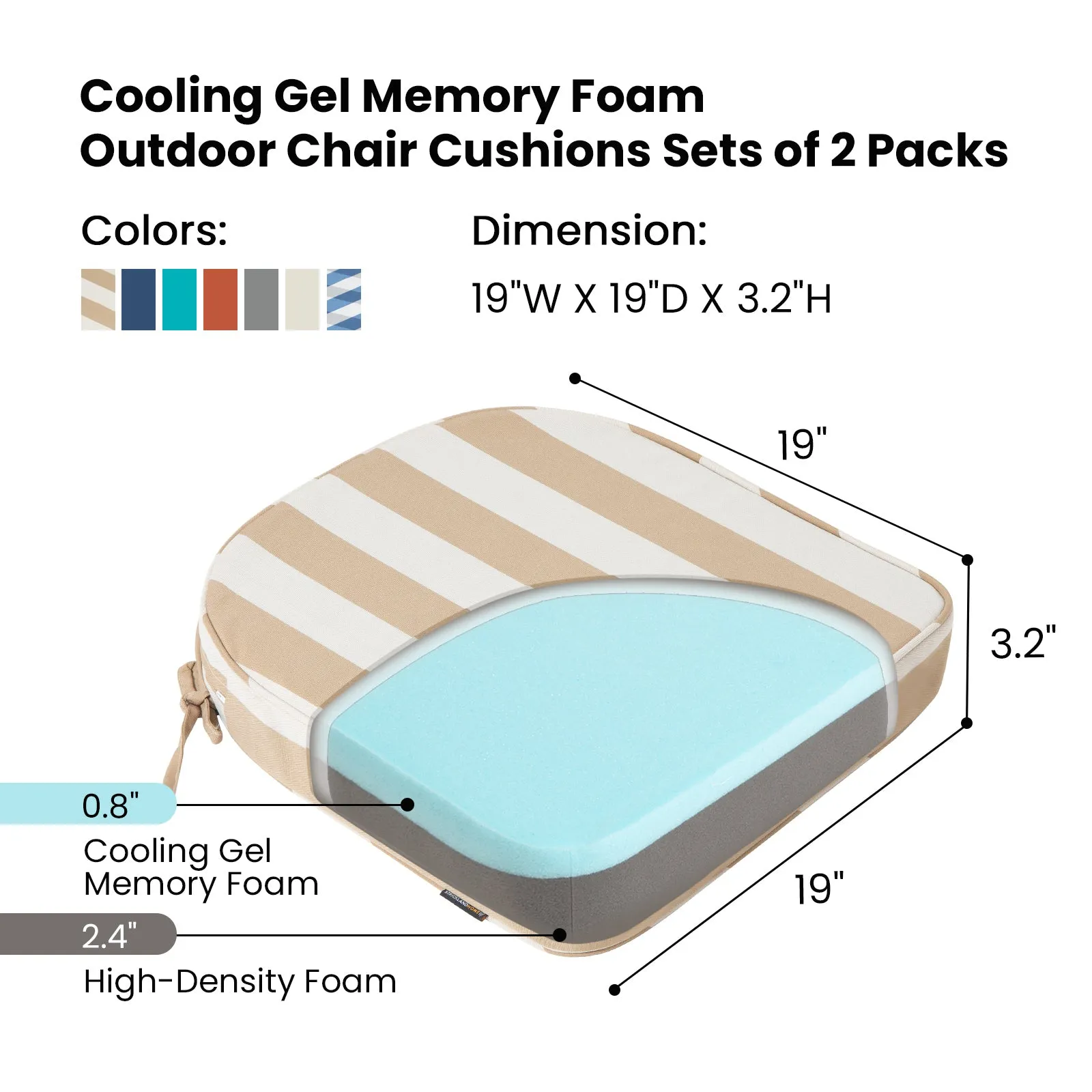 STRICKLAND HOME Outdoor Chair Cushions Set of 2, Gel Memory Foam Patio Chair Cushions with Ties for Indoor/Outdoor Kitchen Dining Office, 19" x 19" Chair Pads