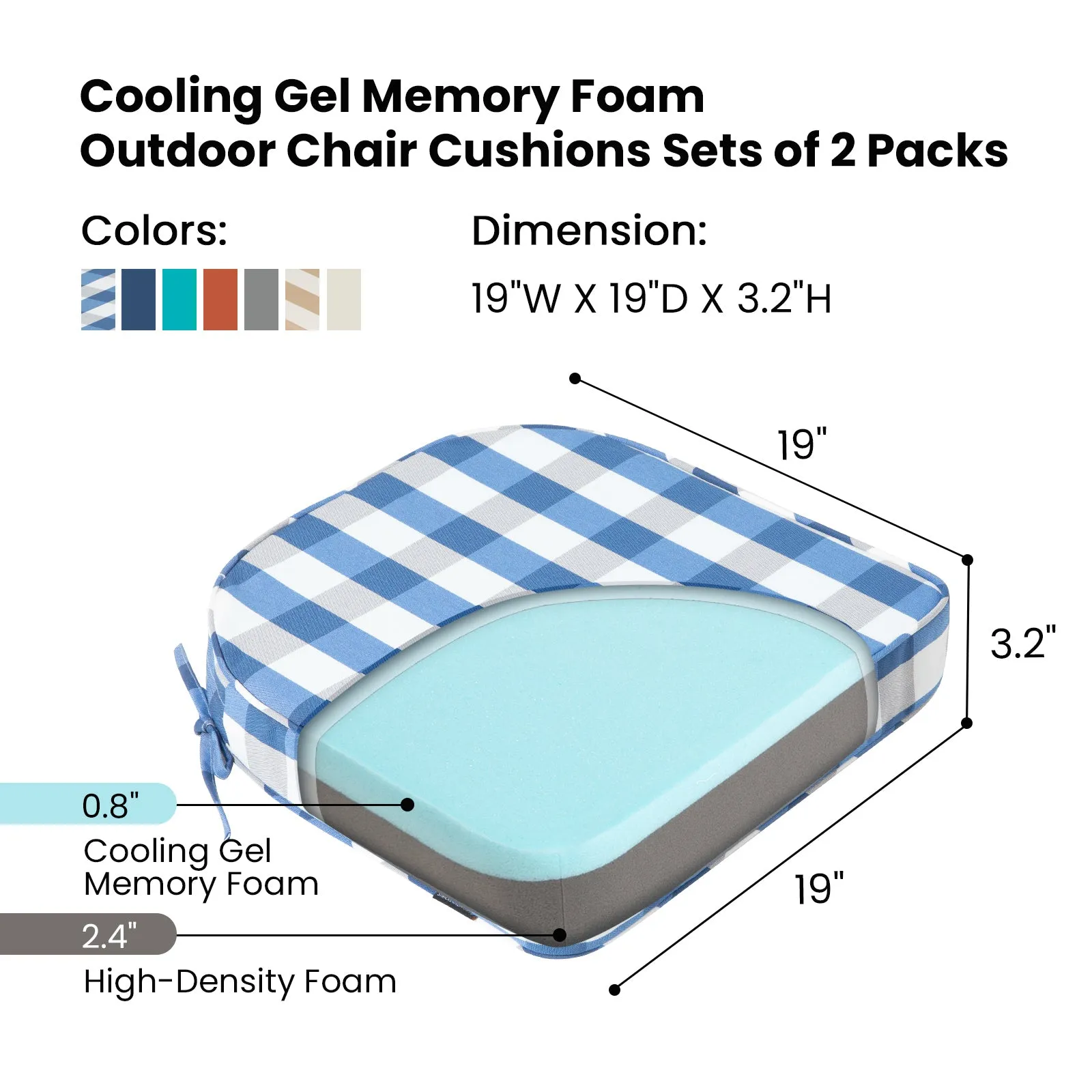 STRICKLAND HOME Outdoor Chair Cushions Set of 2, Gel Memory Foam Patio Chair Cushions with Ties for Indoor/Outdoor Kitchen Dining Office, 19" x 19" Chair Pads
