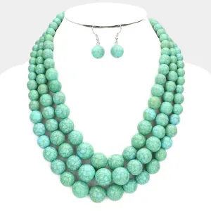 Turquoise (faux) Triple Strand Cracked Beaded Chunky Necklace Set