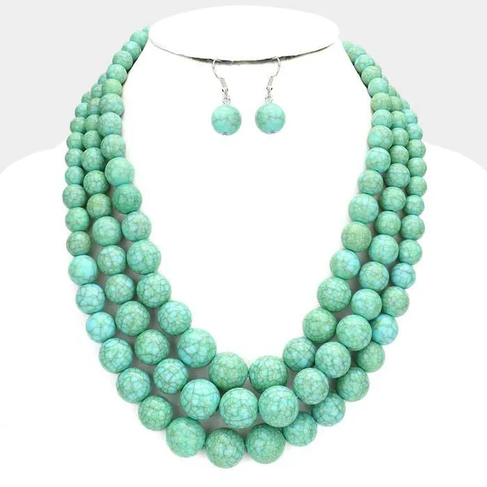 Turquoise (faux) Triple Strand Cracked Beaded Chunky Necklace Set