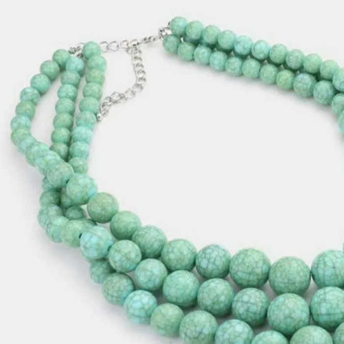 Turquoise (faux) Triple Strand Cracked Beaded Chunky Necklace Set