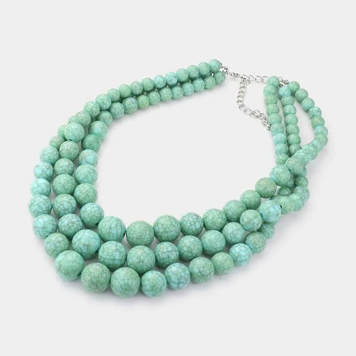 Turquoise (faux) Triple Strand Cracked Beaded Chunky Necklace Set