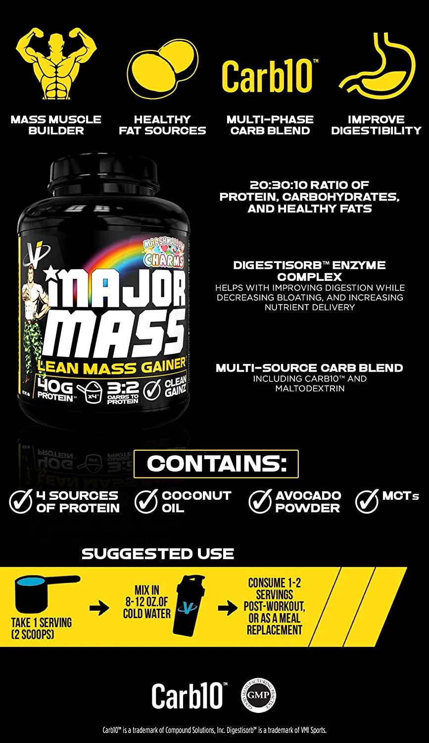 VMI Sports, Major Mass Lean Mass Gainer, Marshmallow Charms, 60 Scoops (4 lbs.), Protein Powder with Protein to Carbohydrates to Fats Ratio for Lean Muscle Mass and Weight Gaining, Pre- or Post-Workout