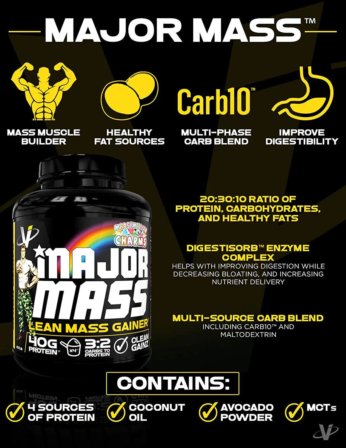 VMI Sports, Major Mass Lean Mass Gainer, Marshmallow Charms, 60 Scoops (4 lbs.), Protein Powder with Protein to Carbohydrates to Fats Ratio for Lean Muscle Mass and Weight Gaining, Pre- or Post-Workout
