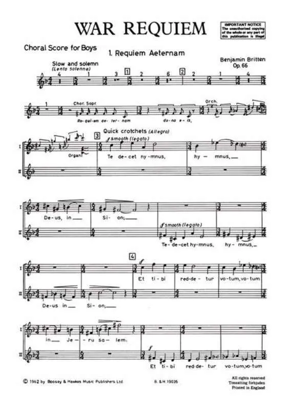 WAR REQUIEM OP 66 BOYS CHORUS CHORAL SCORE