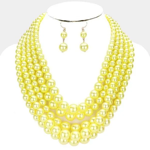 Yellow Pearl (faux)5 Strand Necklace & Earring Set