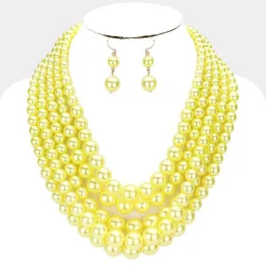 Yellow Pearl (faux)5 Strand Necklace & Earring Set